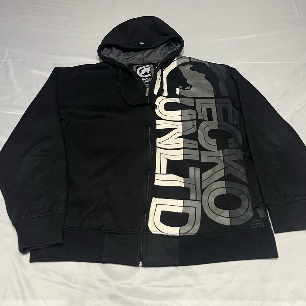 Y2K Ecko Unltd Hoodie Sweatshirt Mens XL Black Full Zip Rhino Graphic Skater